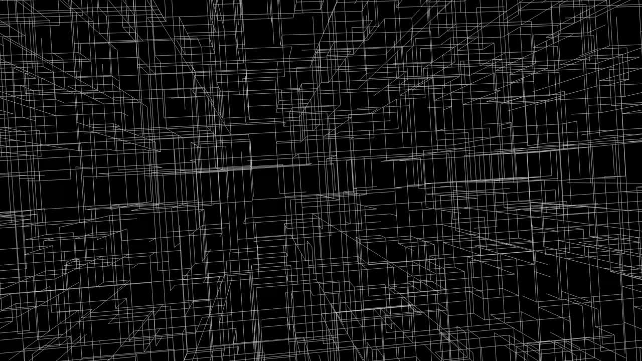 Intrincada cuadrícula blanca de wireframe en una pantalla negra, representa arquitectura digital y análisis estructural técnico. Perfecta para elementos FUI y superposiciones de visualización arquitectónica.