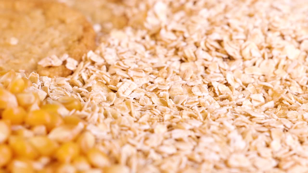 Close-up shots of various grains and pasta, showcasing textures and colors under bright lighting