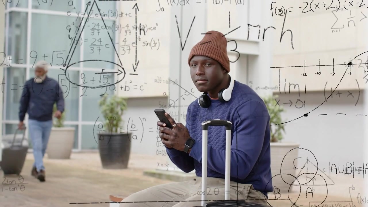 Seated student scrolling phone, activating education math overlay as watching approaching passerby