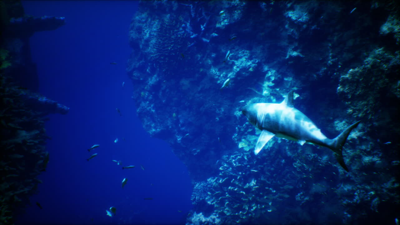 tiburón nadando en el océano azul con arrecife de coral