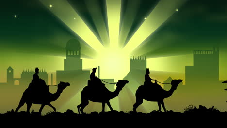 animation of silhouette of three wise men on camels over cityscape on green background