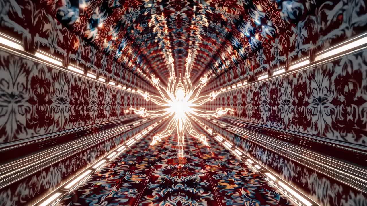 Bright white light shining at the end of a long mystical corridor with oriental ornaments and glowing spider shape, creating a mesmerizing and futuristic atmosphere