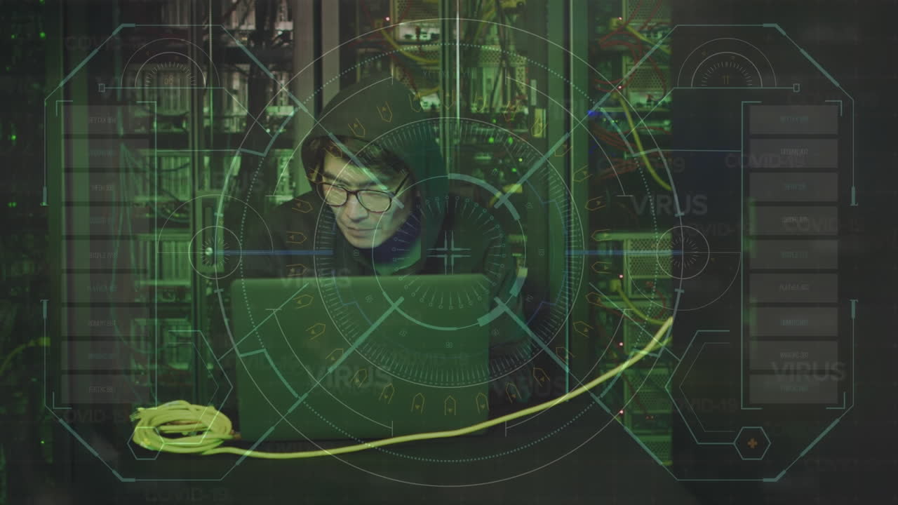 Animation of data processing over male hacker with laptop by computer servers