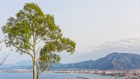 High-angle-shot-of-the-small-town-along-the-shoreline-in-Italy-beside-the-blue-sea-on-a-sunny-day-with-white-clouds-passing-by-in-timelapse-during-evening-time