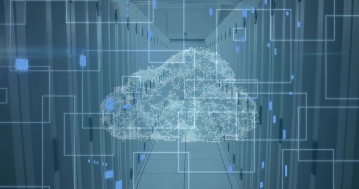 Animation of cloud, circuit board and data processing over computer servers