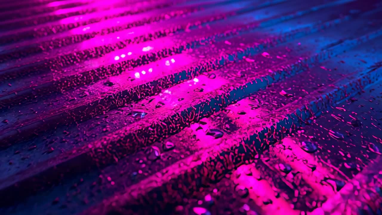 After close-up, camera panning metal panel under neon pink or blue lights, revealing water beads