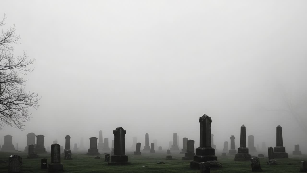 A Haunting Cemetery Shrouded in Mist: A Mysterious Landscape of Tombstones and Fog Capturing the Essence of Eternal Rest in an Enigmatic Atmosphere