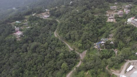 Aerial-drone-shot-of-a-path-leading-into-the-forest-surrounded-by-houses-on-the-hills