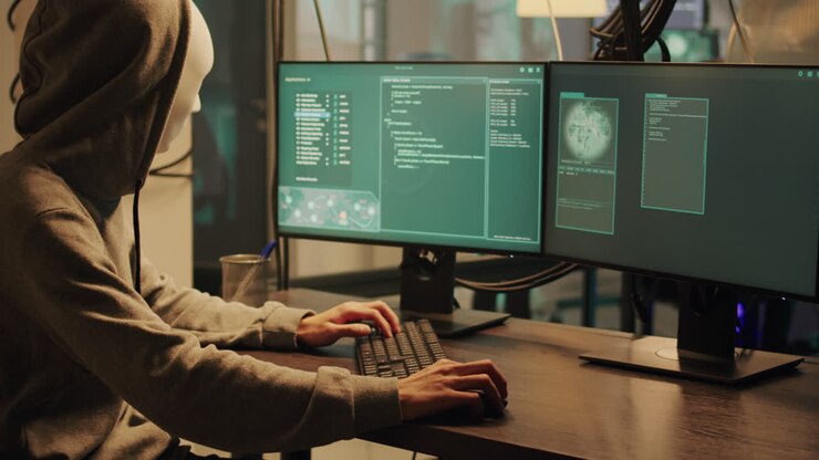 Hacker working on computer with white mask