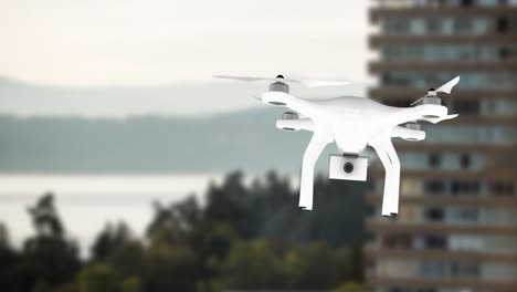 Animation-of-drone-flying-over-out-of-focus-cityscape