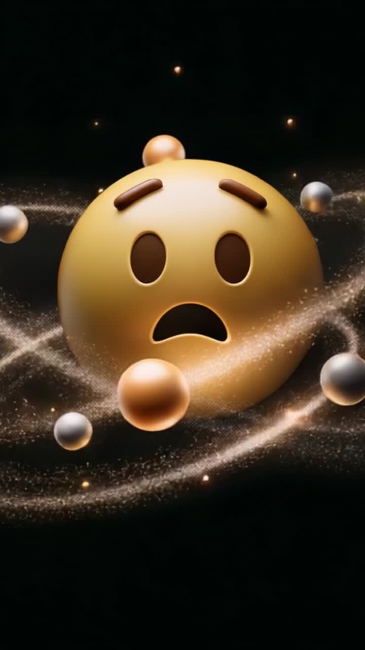 Vyjadřující univerzální emoce: Znepokojený emotikon obklopený kosmickými prvky, zachycující pocity obav na hvězdném, tajemném pozadí.