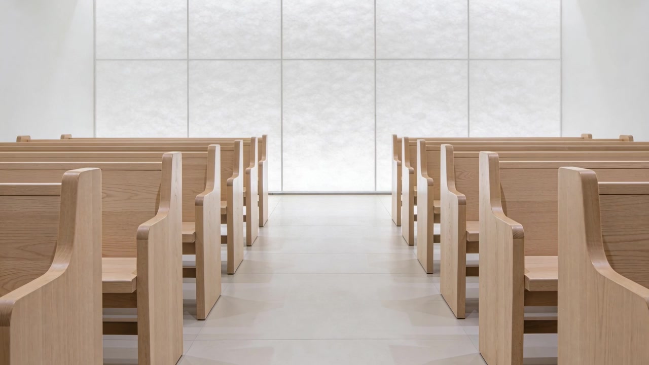 Recording still camera capturing central aisle in chapel for archive, frosted wall and pews