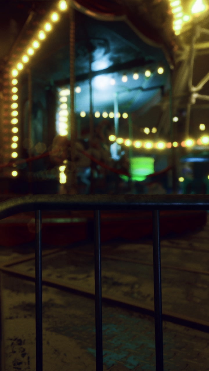 Nighttime carnival scene with glowing lights and an air of excitement