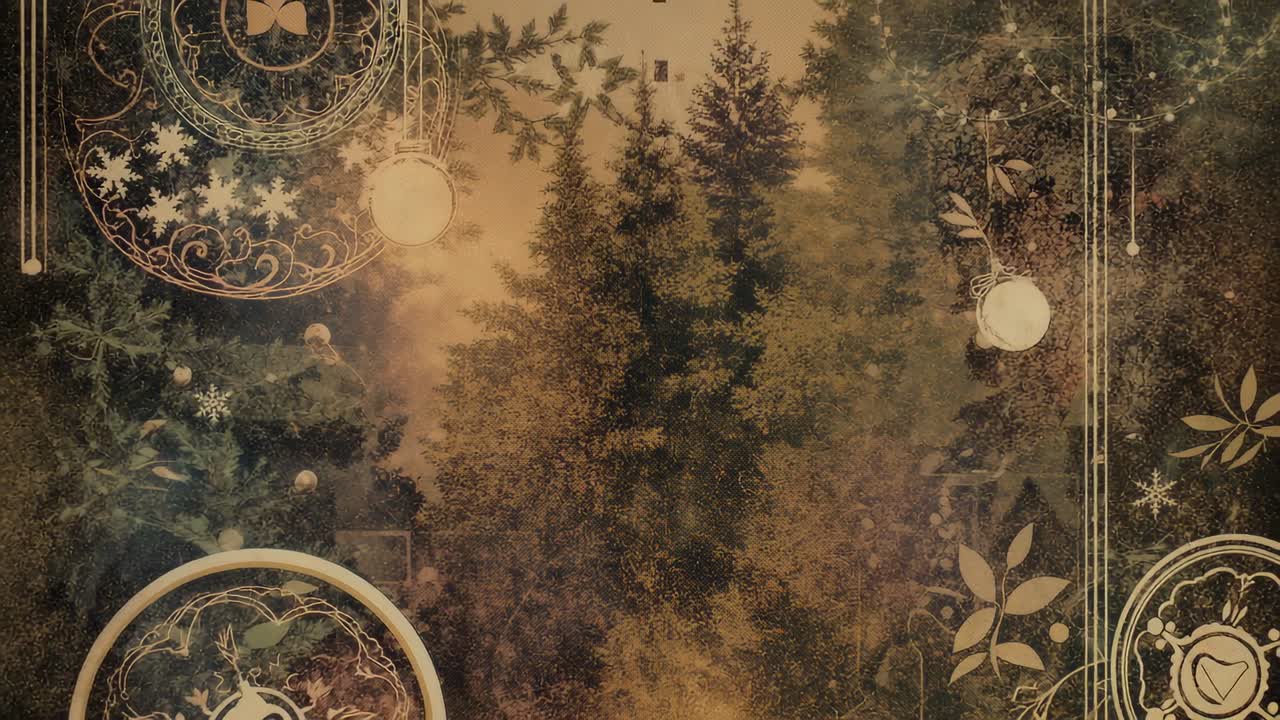 Pulling back camera revealing sepia art page, with evergreen trees and border motifs