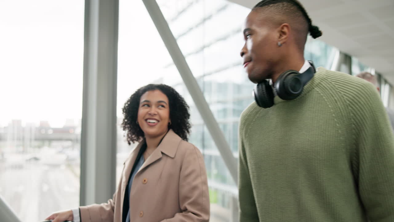 Airport, suitcase and a business team talking