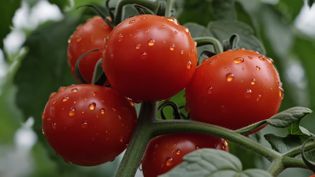 Fresh Red Tomatoes with Water Droplets on the Vine