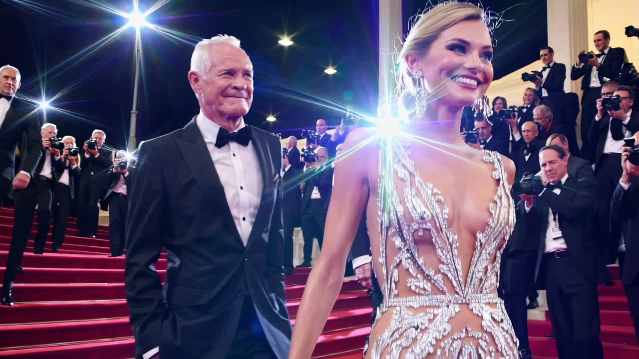 Glamorous red carpet event captured from a low angle, showcasing elegant fashion and flashing