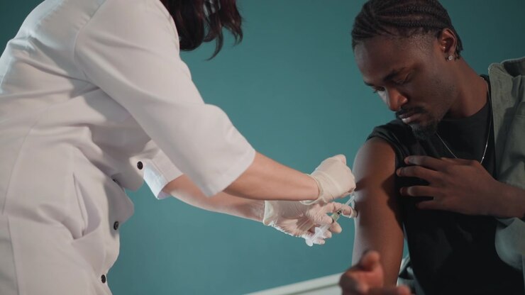 Medical staff vaccination. Paramedic administers vaccine with steady professionalism. Medical professional provides prompt vaccination supervision in controlled mobile healthcare unit setting