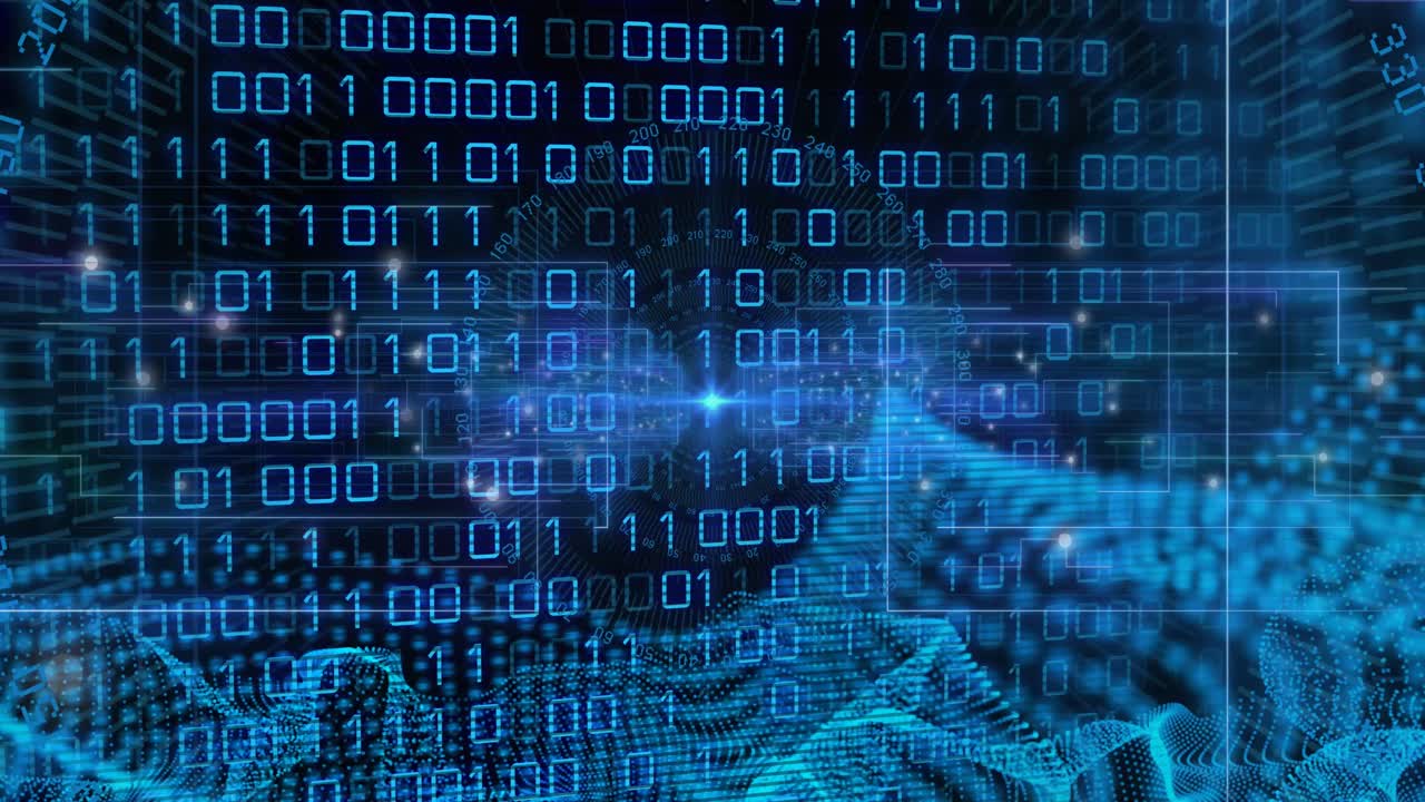 animación de malla azul, codificación binaria, procesamiento de datos.