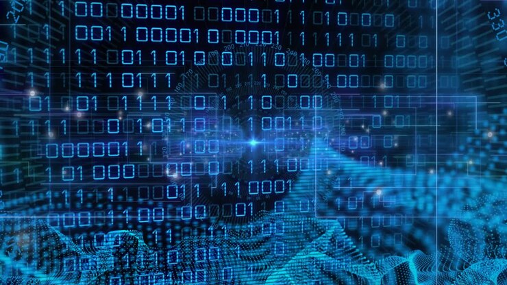 Animation of blue mesh, binary coding, data processing