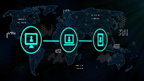 red de iconos de medios sobre el mapa del mundo y el procesamiento de datos.