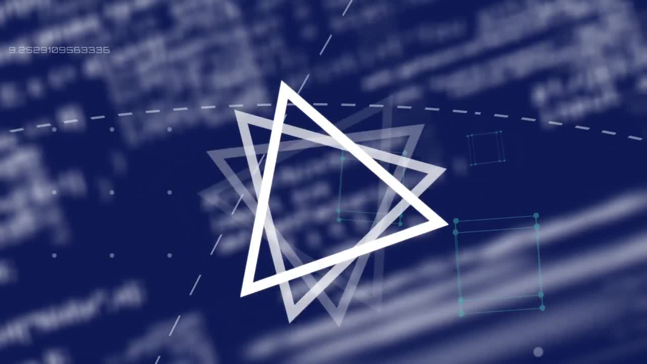 animación de triángulos girando y procesamiento de datos en fondo púrpura