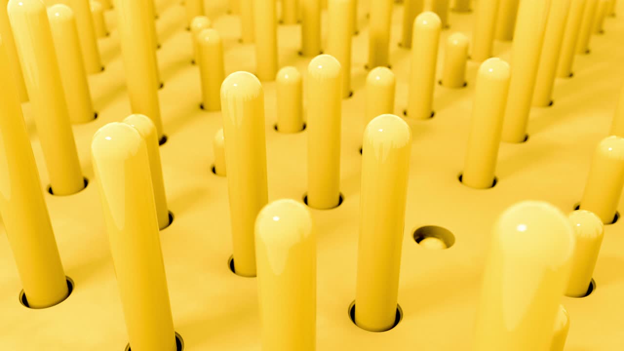 3d 모양의 실린더가 노란색 파스텔 색으로 날아다니는 인트로 구, 4k 원활한 루프 렌더 애니메이션.