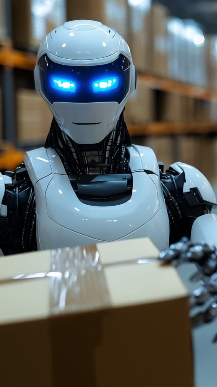 Robot carrying box in modern warehouse. A robot works in a well-organized warehouse, efficiently transporting a box among numerous stacked packages.
