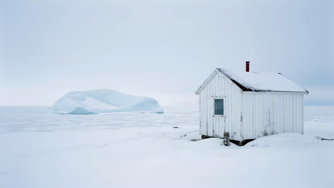Isolated White Cabin on Snowy Plain with Distant Iceberg
