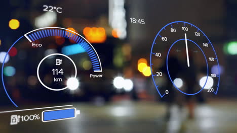 animation of electric car dashboard and data processing over city lights