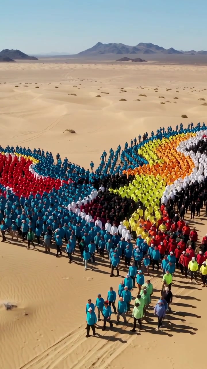 Video verticale: Drone che si alza, folla che cammina e forma un mosaico di colori sulla sabbia, indossando magliette dai colori vivaci
