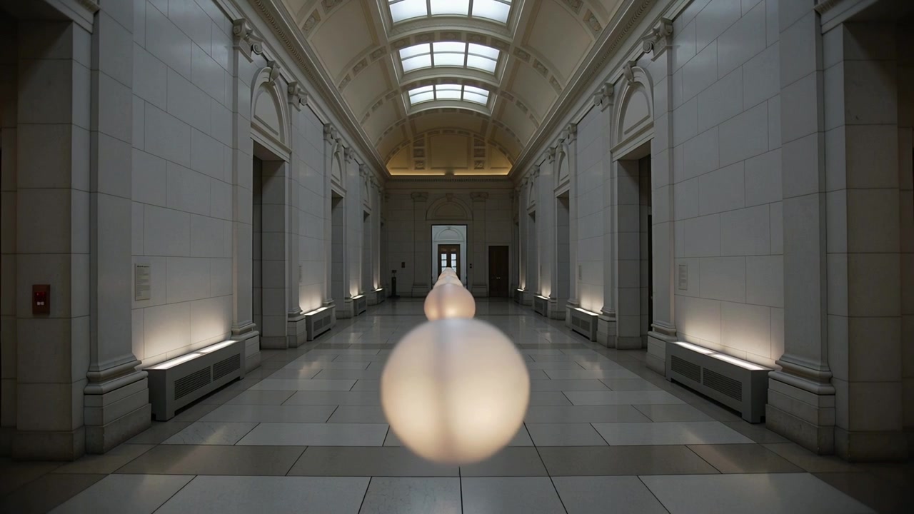 Due sfere smerigliate luminose che scivolano lungo il corridoio di un museo, proiettando aloni sul pavimento piastrellato