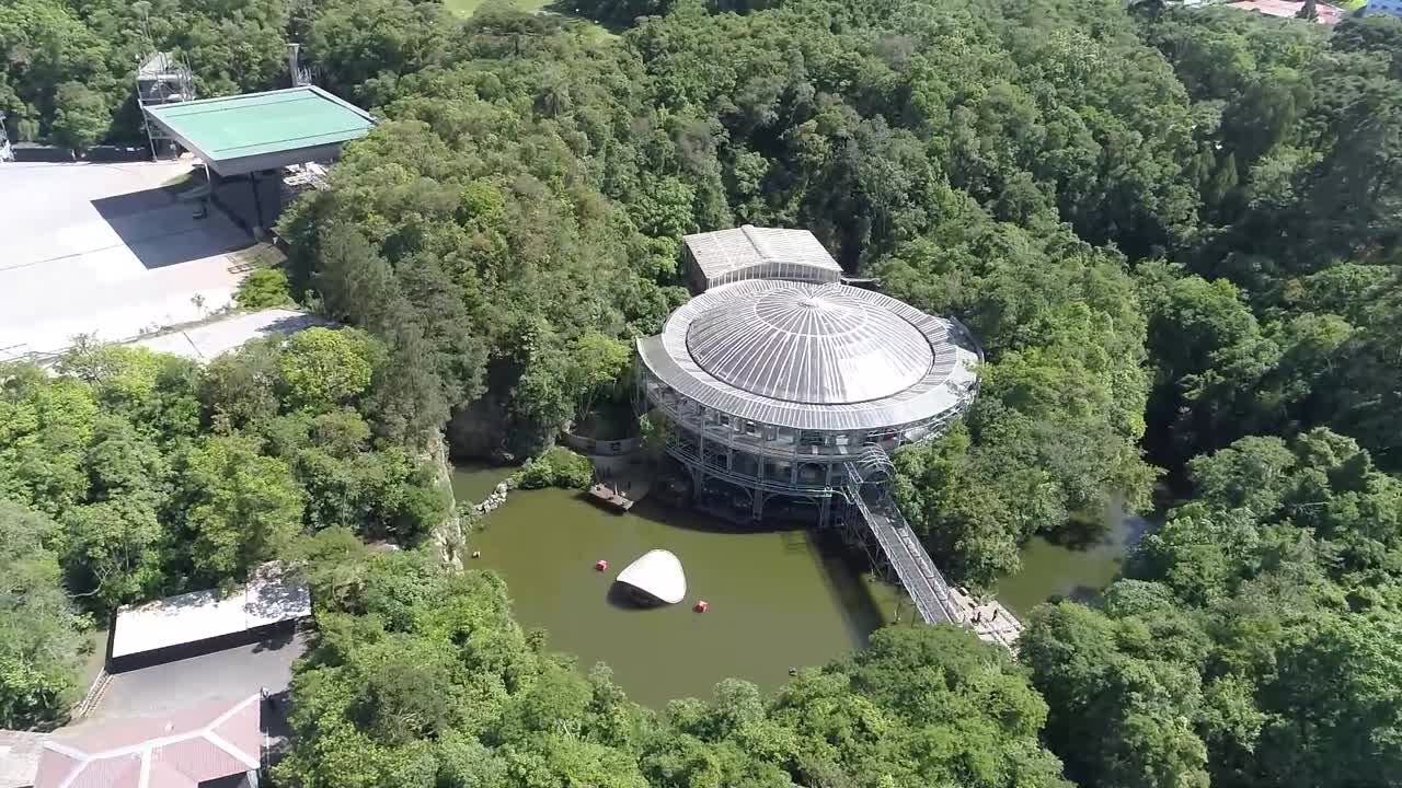 Aerial drone shot of seel frame opera house in Curitiba Brazil