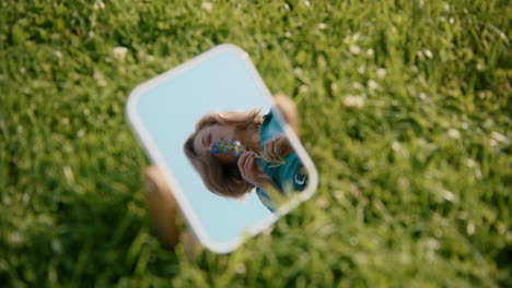 woman smelling a flower in a mirror reflection on grass