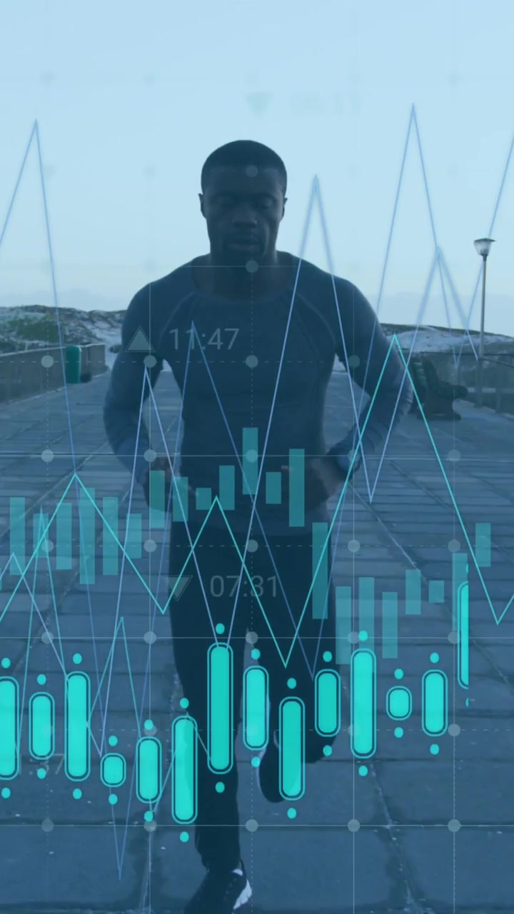 Animation of graphs, icons over african american male athlete running on promenade against sky