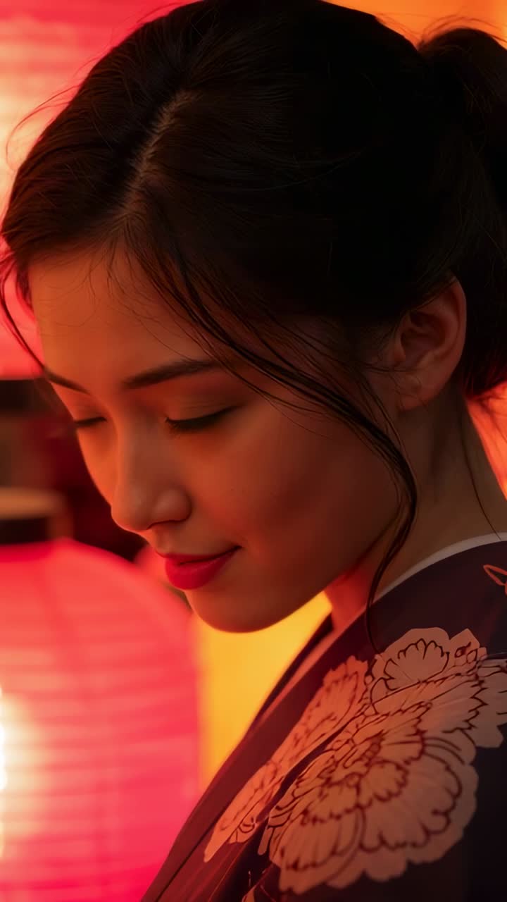 Video verticale: rendering della luce di una lanterna che illumina una donna che si gira a destra in una bancarella con un kimono a motivi floreali, spazio per il testo