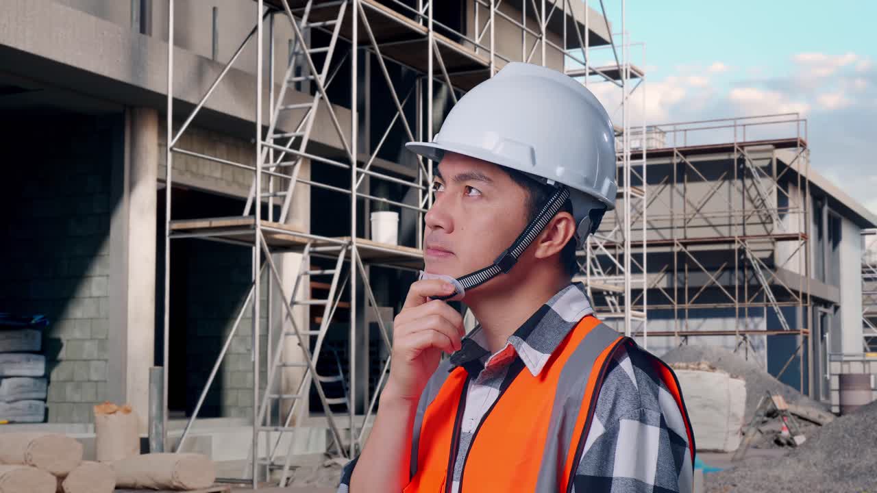 Close Up Side View Of Asian Male Engineer With Safety Helmet Thinking And Looking Around Then Raising His Index Finger While Standing At Building & Construction Site in Progress to New House