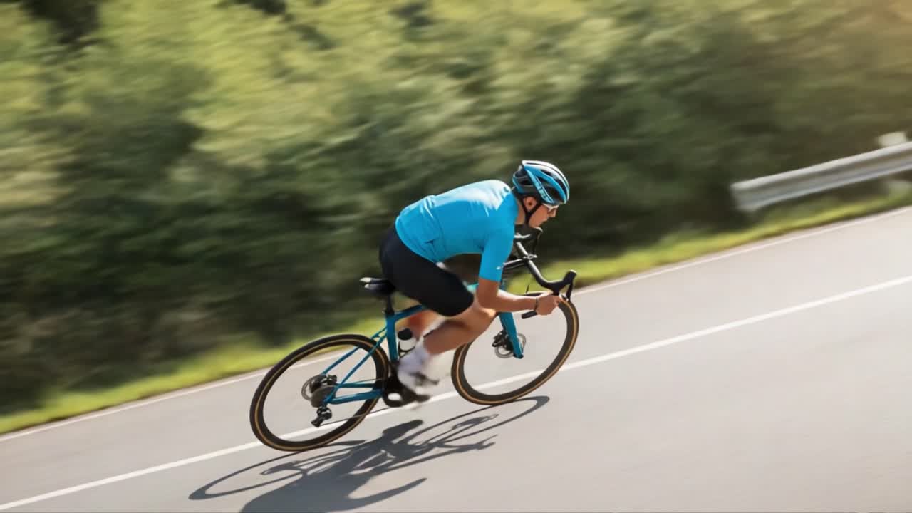 Cyclist in Motion: Capturing the Thrill of Speed on Two Wheels During a Sunny Ride Through Nature's Green Landscape