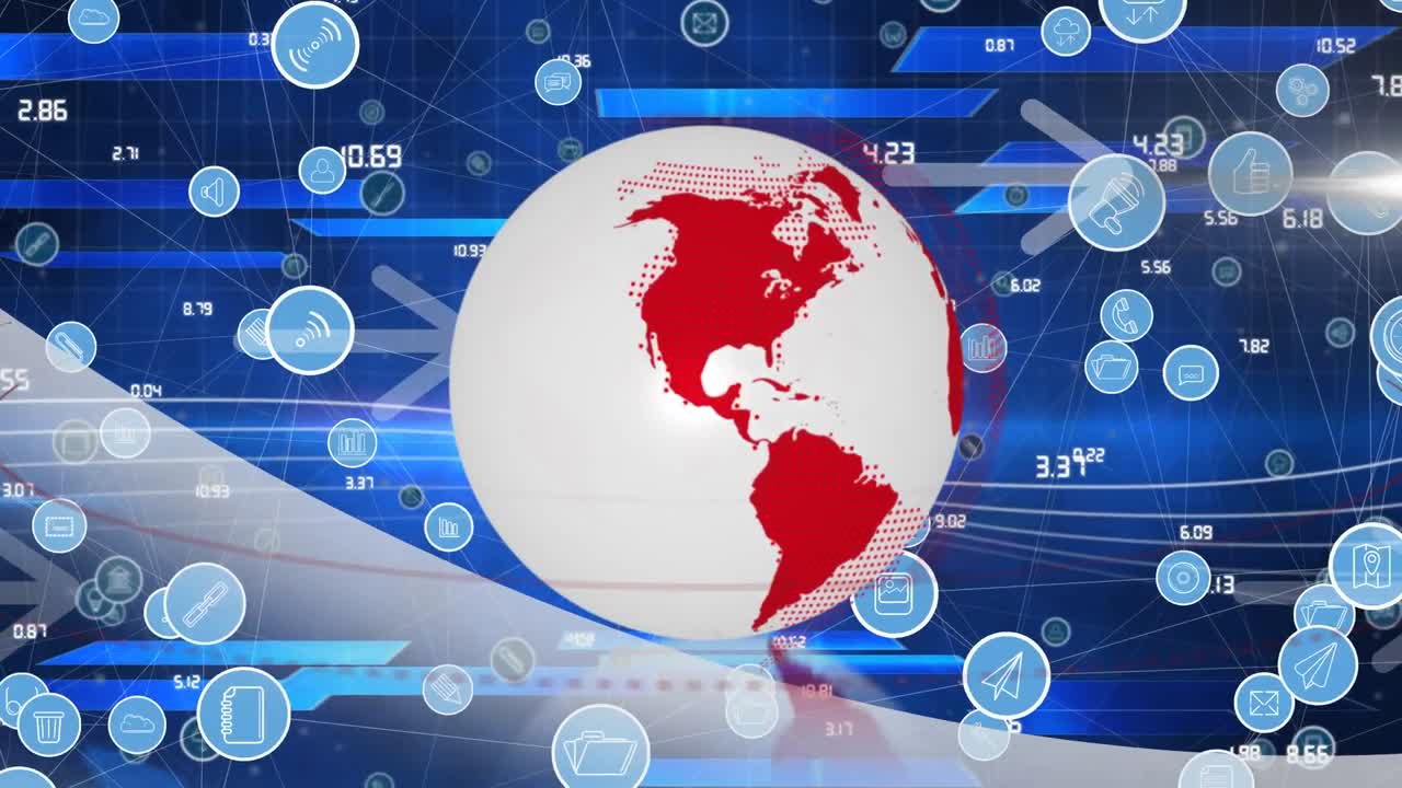 animación de iconos digitales sobre el globo y flechas sobre fondo azul