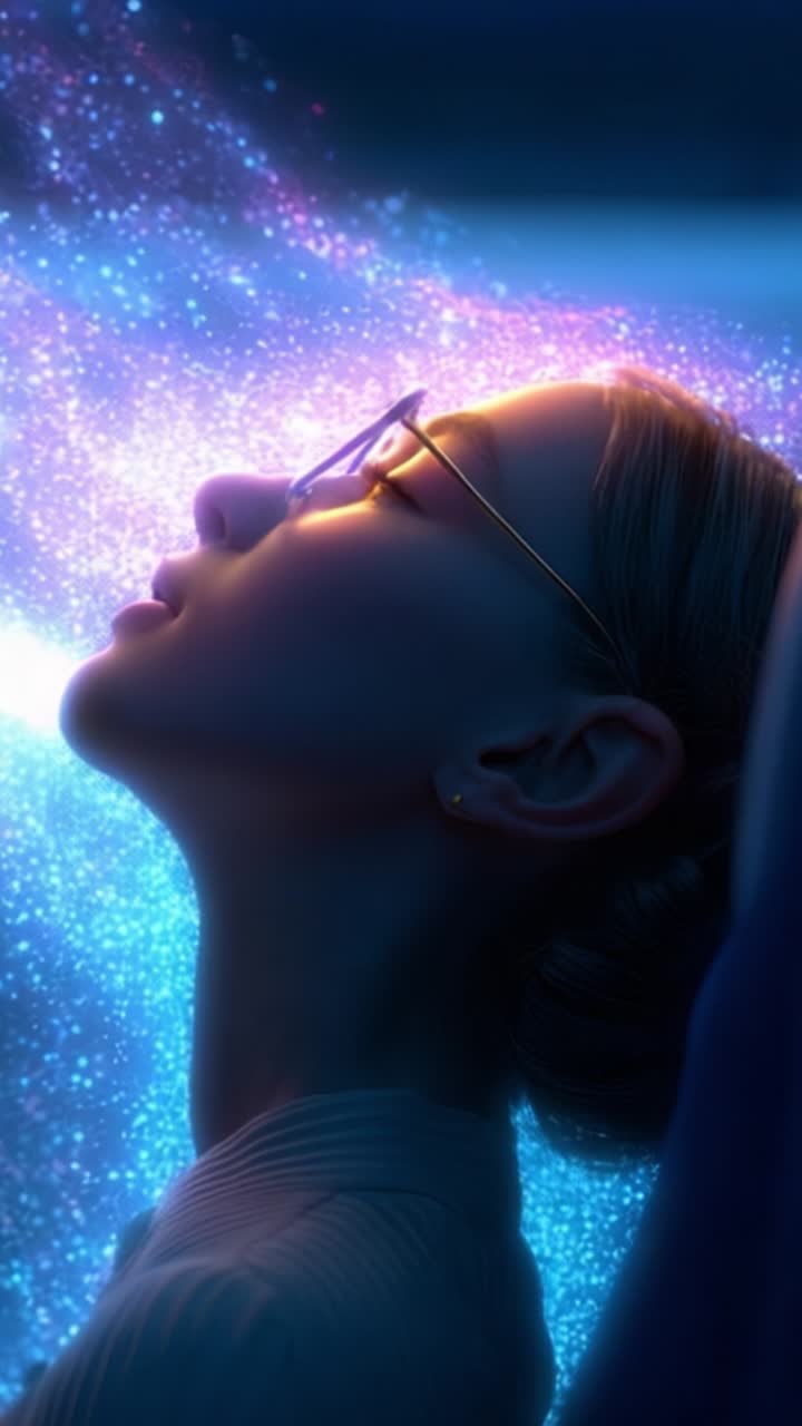 Una visione serena di esplorazione cosmica: donna avvolta in luce eterea, che cattura l'essenza dell'immaginazione, della meraviglia e delle infinite possibilità in uno stato onirico.
