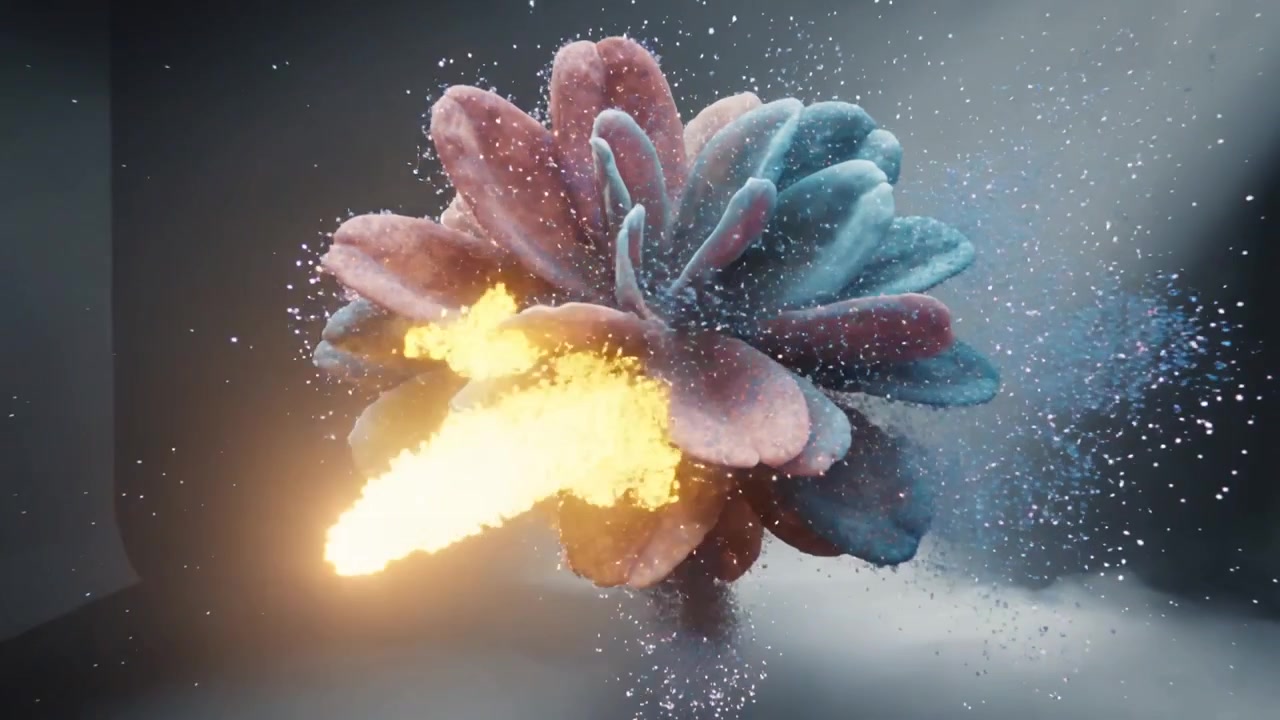 Floating abstract pastel sculpture, spray rising and bursting into ember streams under angled beam