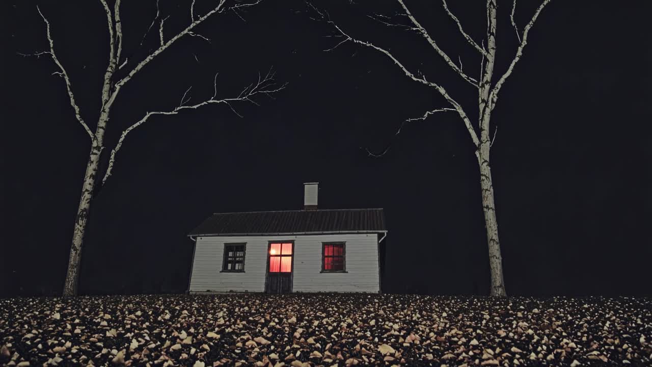 Small, isolated house standing on a gravel ground, bathed in the eerie glow of a single lit window, creating a dramatic contrast against the backdrop of a dark night and silhouetted bare trees