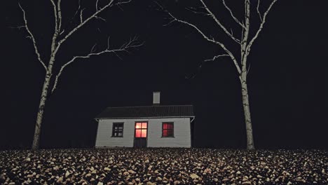 small, isolated house standing on a gravel ground, bathed in the eerie glow of a single lit window, creating a dramatic contrast against the backdrop of a dark night and silhouetted bare trees