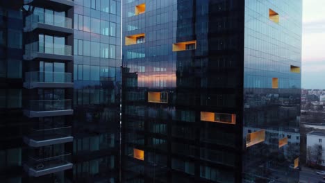 aerial view of glass buildings at sunset