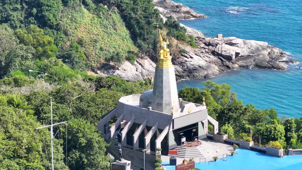 Unusual Lighthouse at Promthep Cape, Phuket. Aerial close up of the building, Thailand coastal.