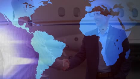 Animación-De-Mapa-Mundial,-Avión-Y-Empresarios.