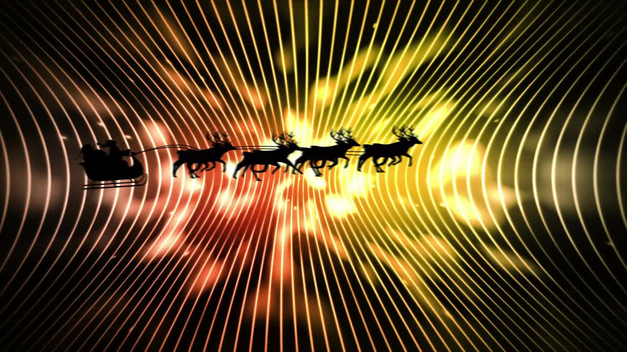 Glow pulsing and lines shifting as reindeer trotting pulling sleigh carrying Santa delivering gifts