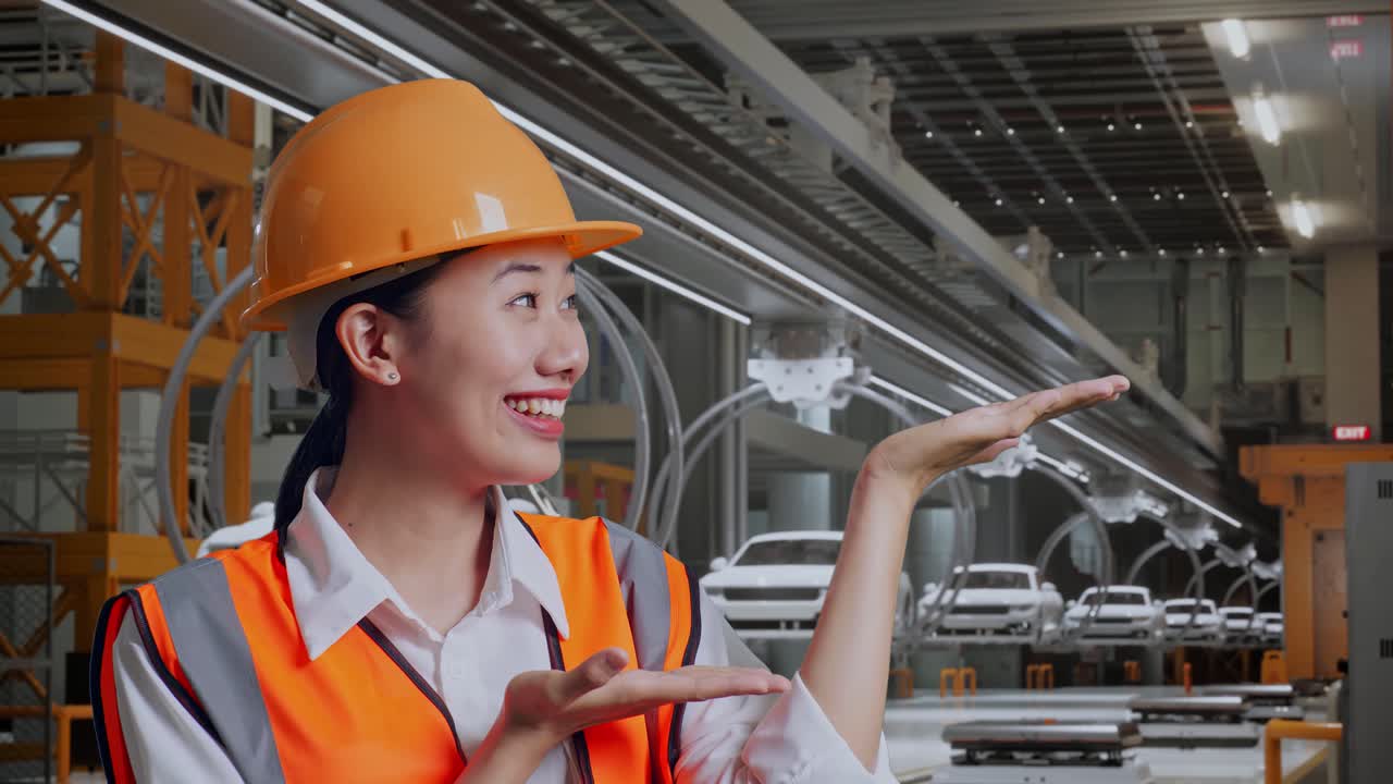 안전 헬을 입은 아시아 여성 엔지니어가 ev 자동차 공장에서 서서 웃고 을 가리키고 있습니다.