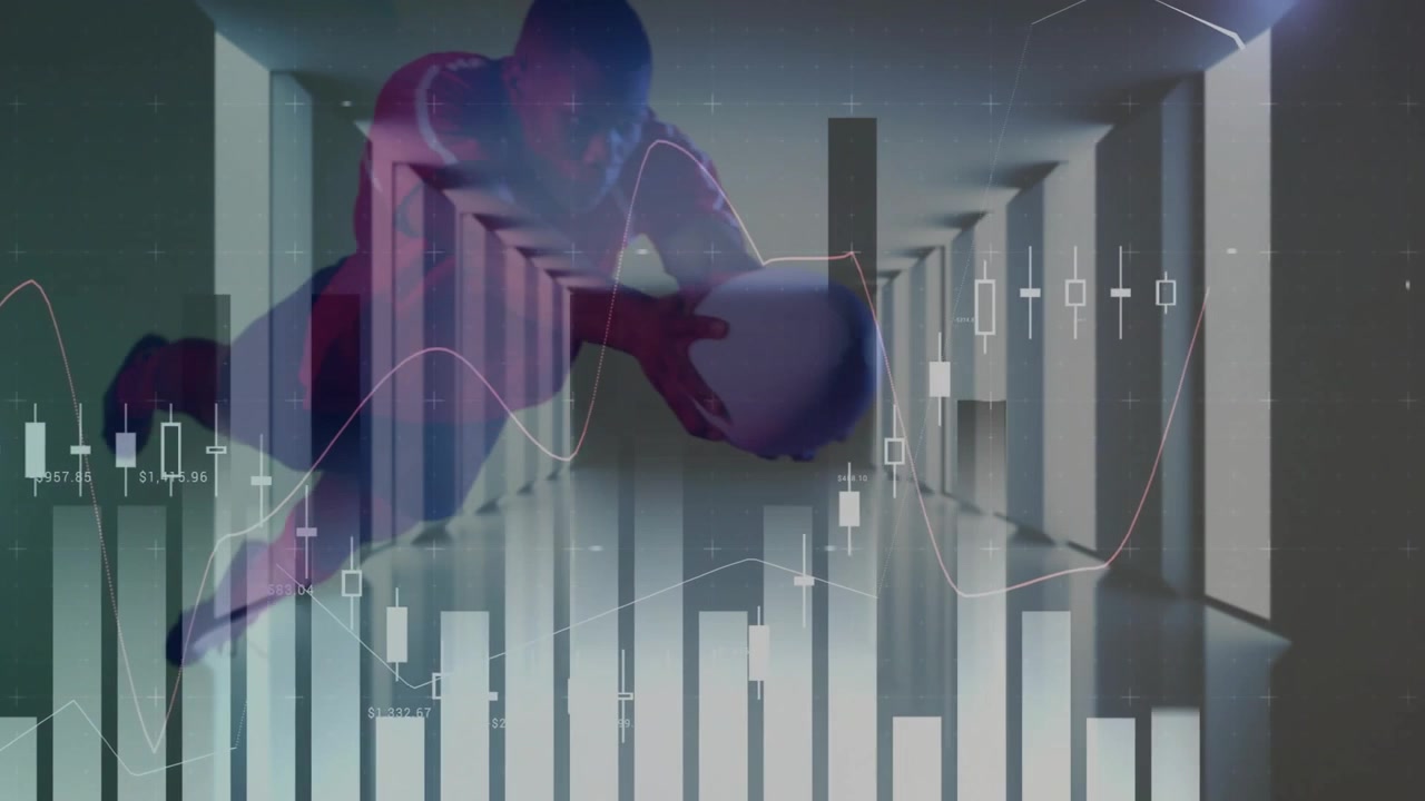 Silhouette di un uomo accovacciato mentre barre finanziarie salgono, prima di immergersi attraverso grafici dominando le tendenze