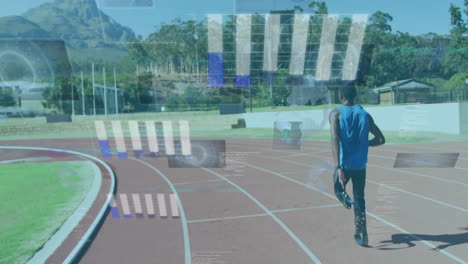 running on track, athlete with data processing animation over sports field